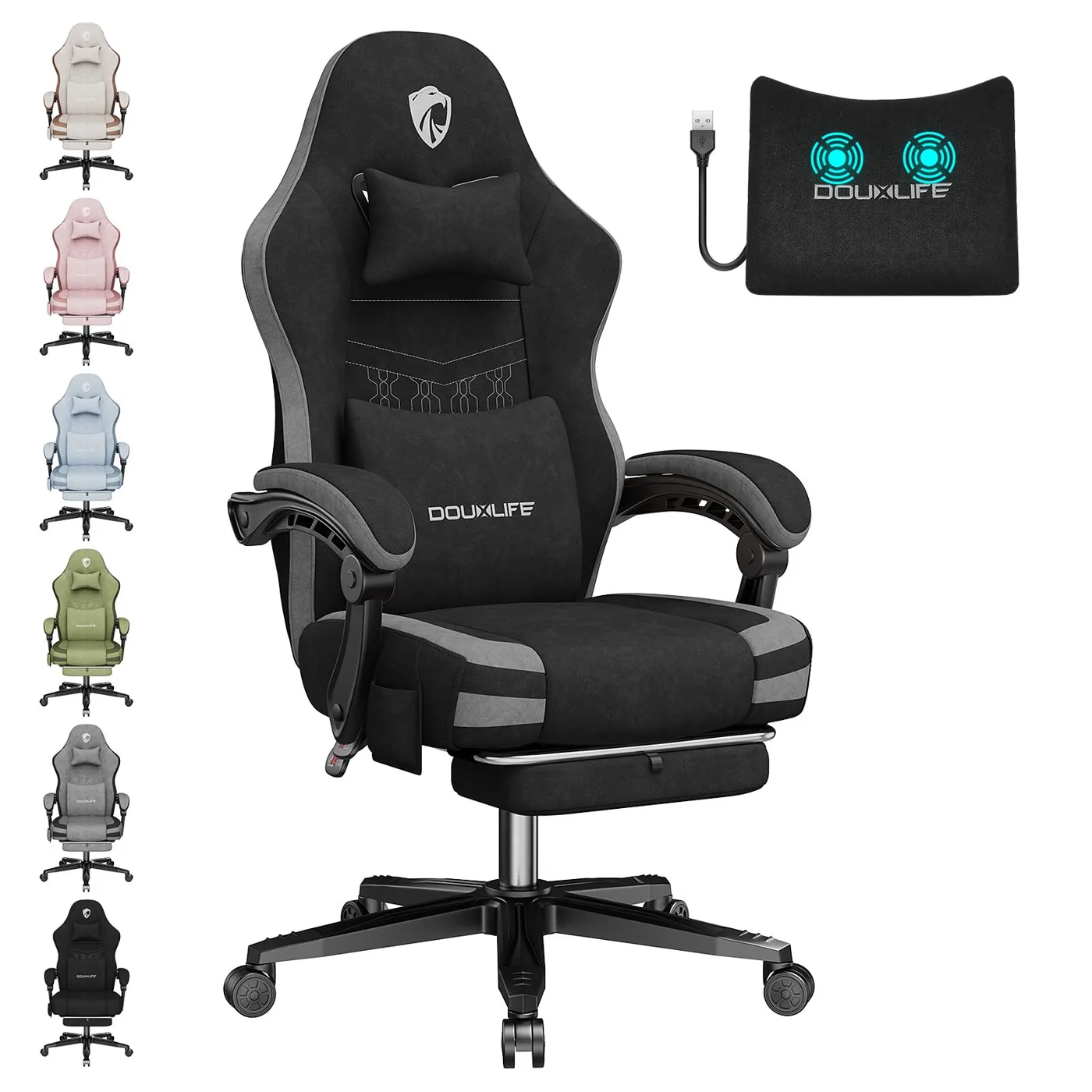 Douxlife Silla Gaming Tela con Masaje, Cojín de Asiento Ancho con Muelles Ensacados,…