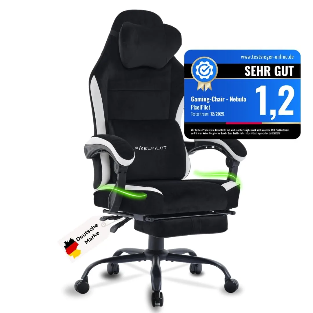 PixelPilot Silla de gaming con reposapiés, silla ergonómica para gaming, de tela…