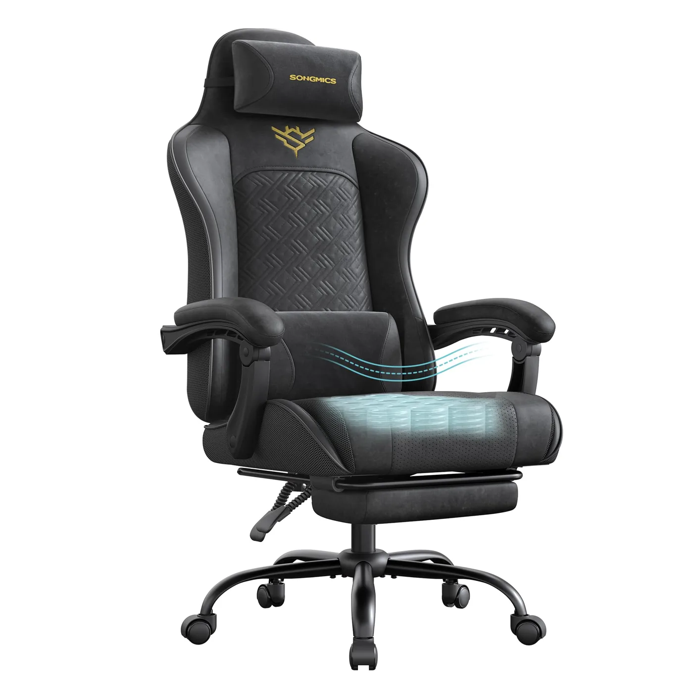 SONGMICS Silla Gaming Ergonómica con Reposapiés, Reclinable 135°